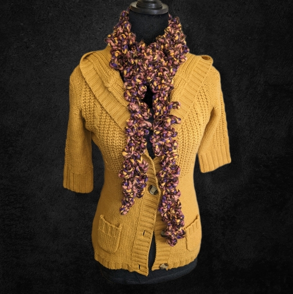 Mustard Yellow Sweater Jacket Fall Cardigan Short Sleeve Button Up Knit - Picture 10 of 10